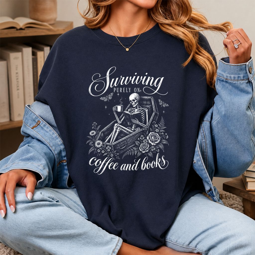 Surviving Purely On Coffee And Books Printed T-Shirt | Halloween Book Lover Gift Navy
