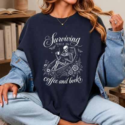 Surviving Purely On Coffee And Books Printed T-Shirt | Halloween Book Lover Gift Navy