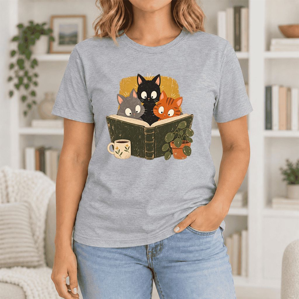 Curious Reading Cats Ultra-Soft Cotton T-Shirt | Cat Lover Reader Gift Athletic Heather