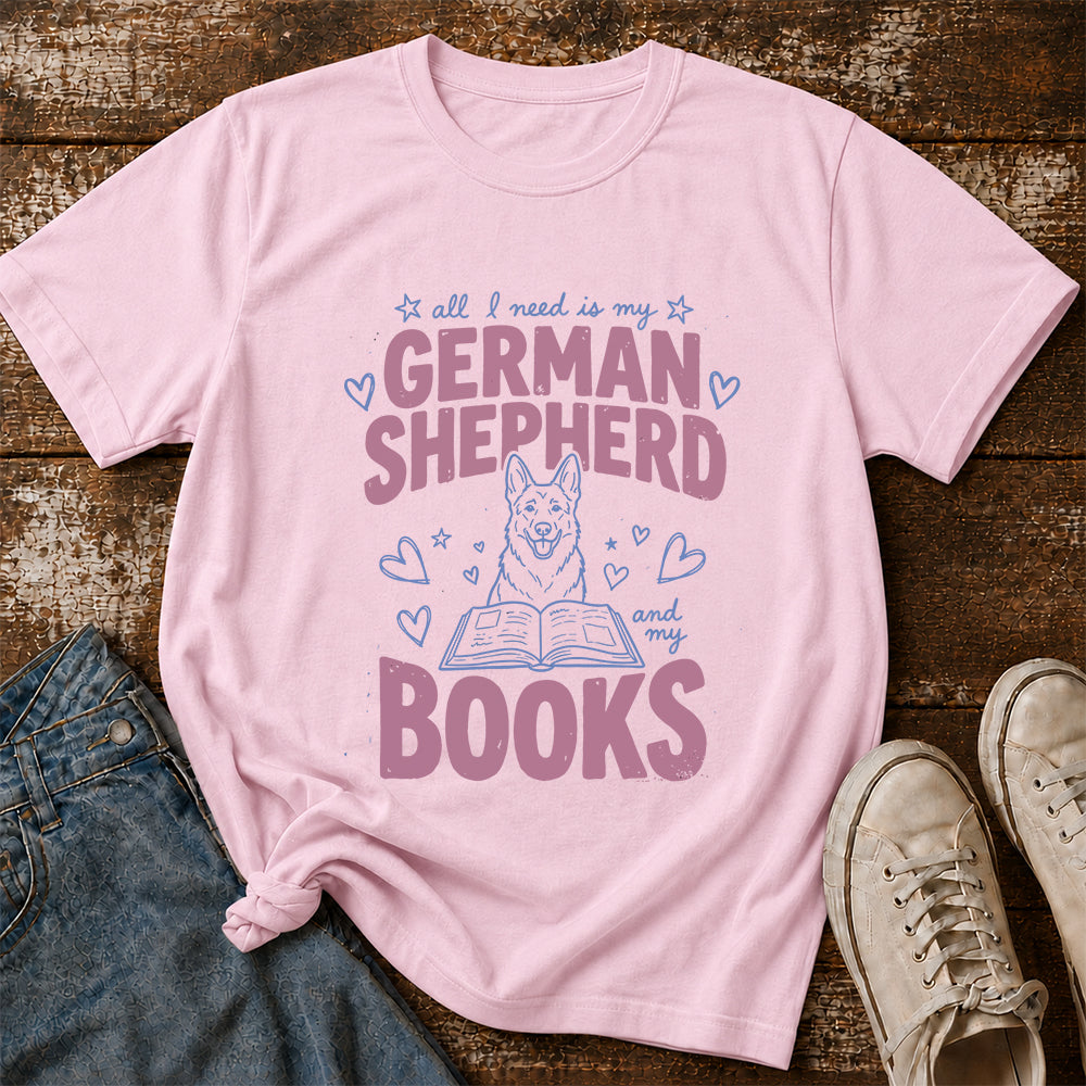 All I Need Is My German Shepherd And My Books Cotton T-Shirt | Dogs Lover & Reader Gift Light Pink