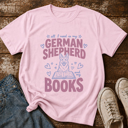 All I Need Is My German Shepherd And My Books Cotton T-Shirt | Dogs Lover & Reader Gift Light Pink