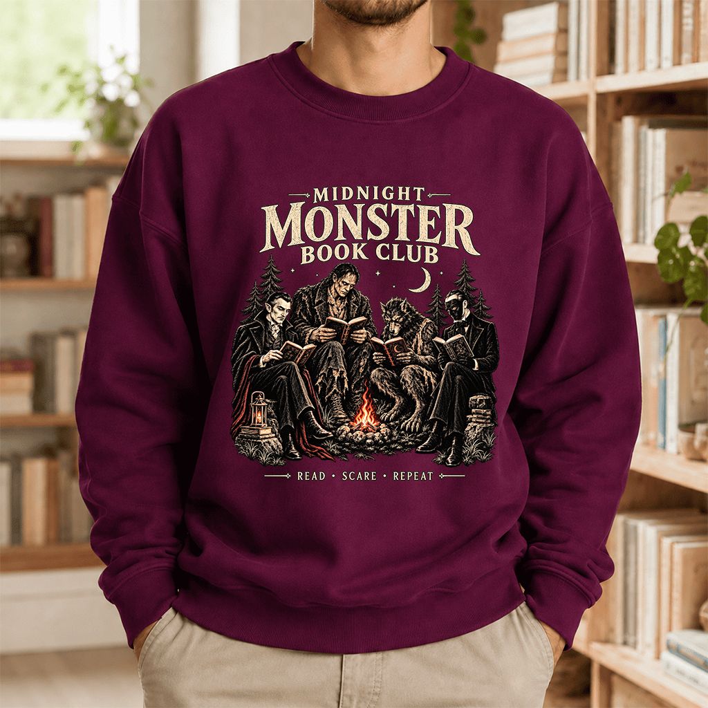 Midnight Monster Book Club Printed Sweatshirt | Halloween Book Lover Gift Maroon