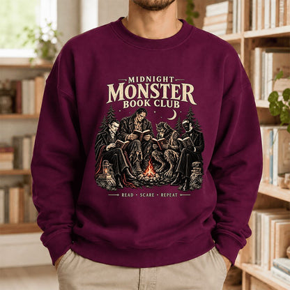 Midnight Monster Book Club Printed Sweatshirt | Halloween Book Lover Gift Maroon