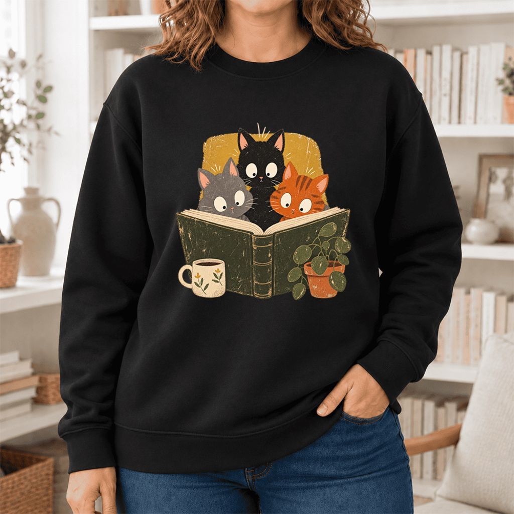 Curious Reading Cats Softstyle Sweatshirt | Cozy Book Lover Gift Black