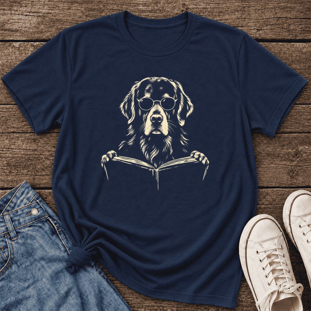 Golden Retriever Reading Book Ultra-Soft Cotton T-Shirt | Dog Mom Reader Gift Navy