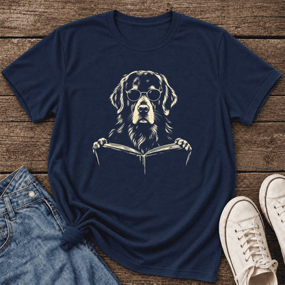 Golden Retriever Reading Book Ultra-Soft Cotton T-Shirt | Dog Mom Reader Gift Navy