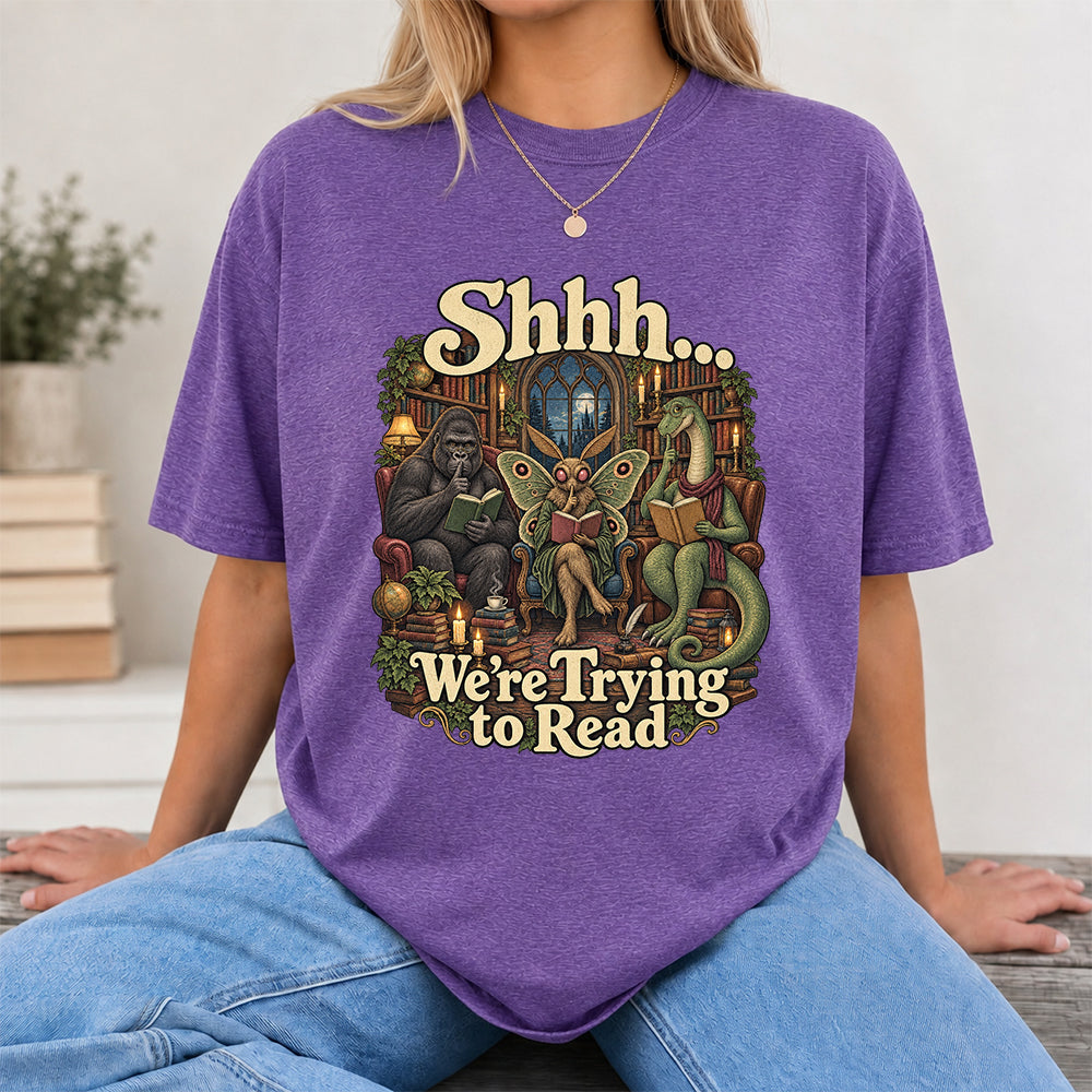 Shh... We Trying To Read Cotton T-Shirt | Midnight Reader Gift Heather Purple