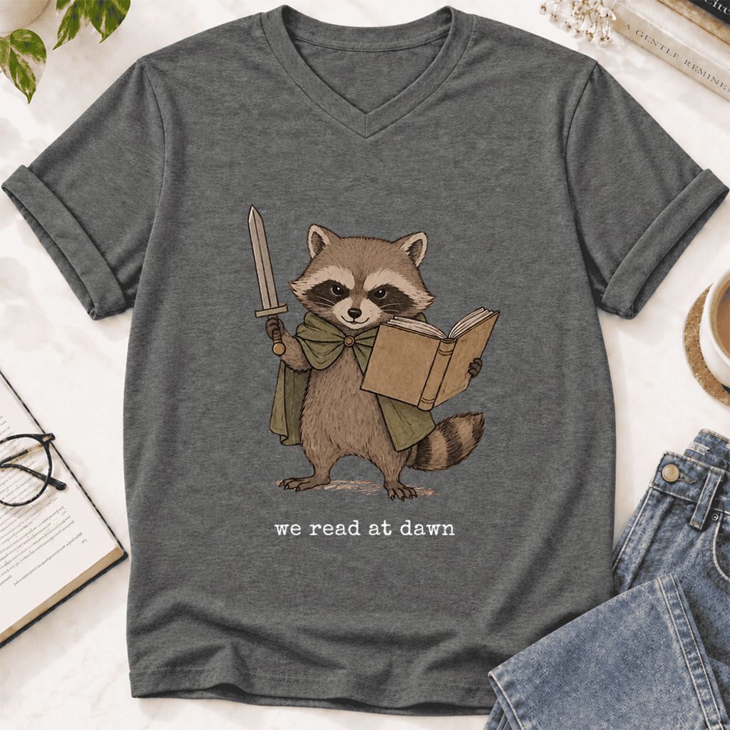 We Read At Dawn Funny Racoon Ultra-Soft V-Neck | Cozy Book Lover Gift Deep Heather