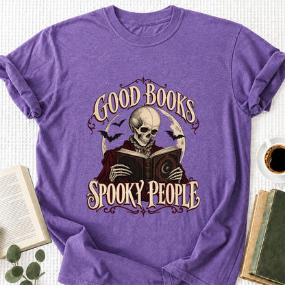 Good Books Spooky People Printed T-Shirt | Halloween Book Lover Gift Heather Purple