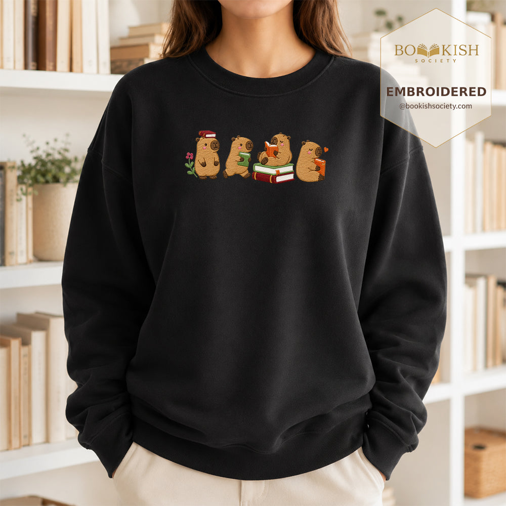 Reading Capybaras Embroidered Sweatshirt | Reader Gift Black
