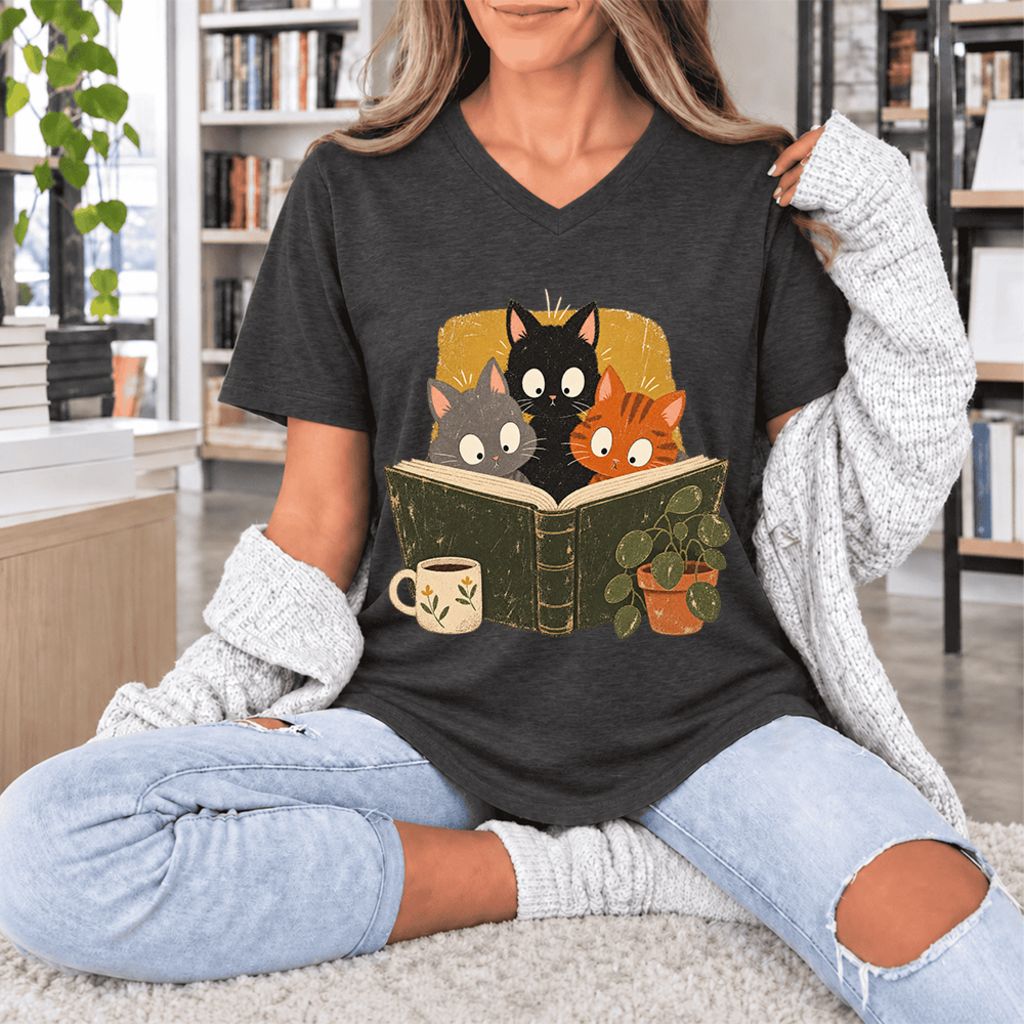 Curious Reading Cats Ultra-Soft V-Neck | Cat Lover Reader Gift Dark Grey Heather