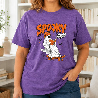 Spooky Vibes Printed T-Shirt | Halloween Book Lover Gift Heather Purple