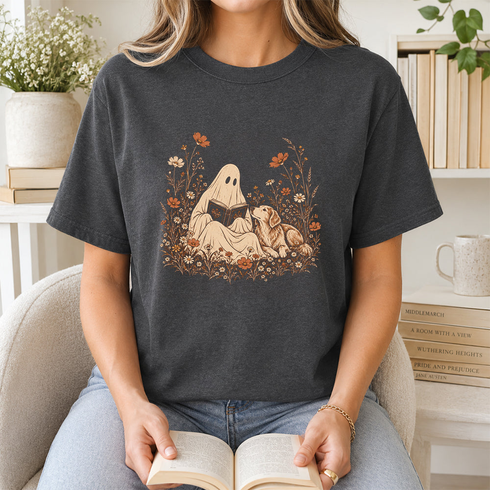 Ghost Wildflowers With Book And Golden Retriever Printed T-Shirt | Halloween Dog Lover Gift Dark Heather