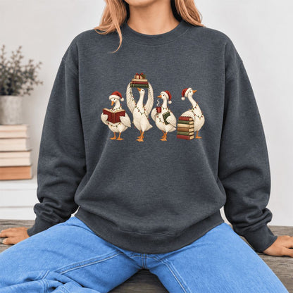 Christmas Reading Ducks Softstyle Sweatshirt | Christmas Book Lover Gift Dark Heather