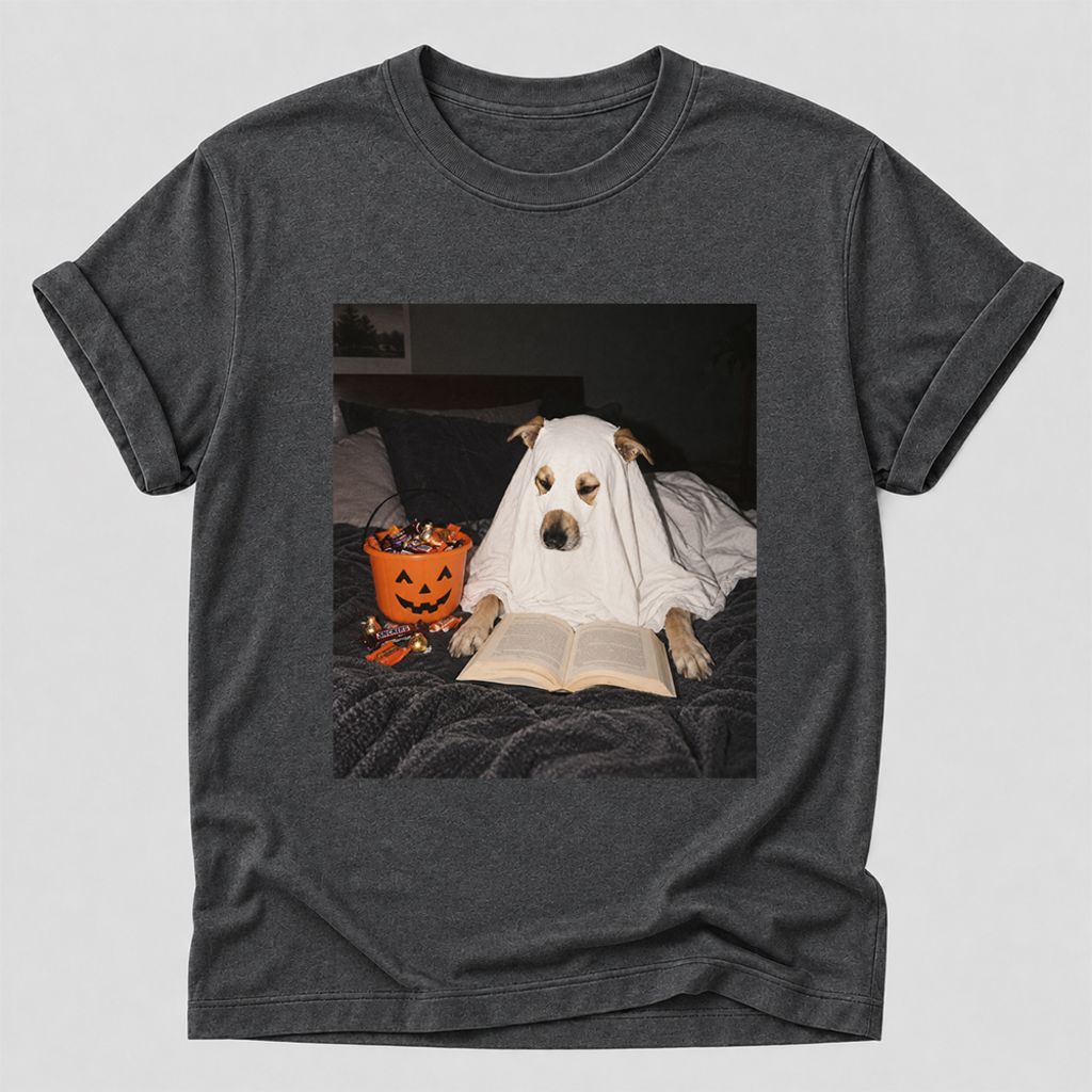Cute Reading Ghost Dog Printed T-Shirt | Halloween Book Lover Gift Dark Heather