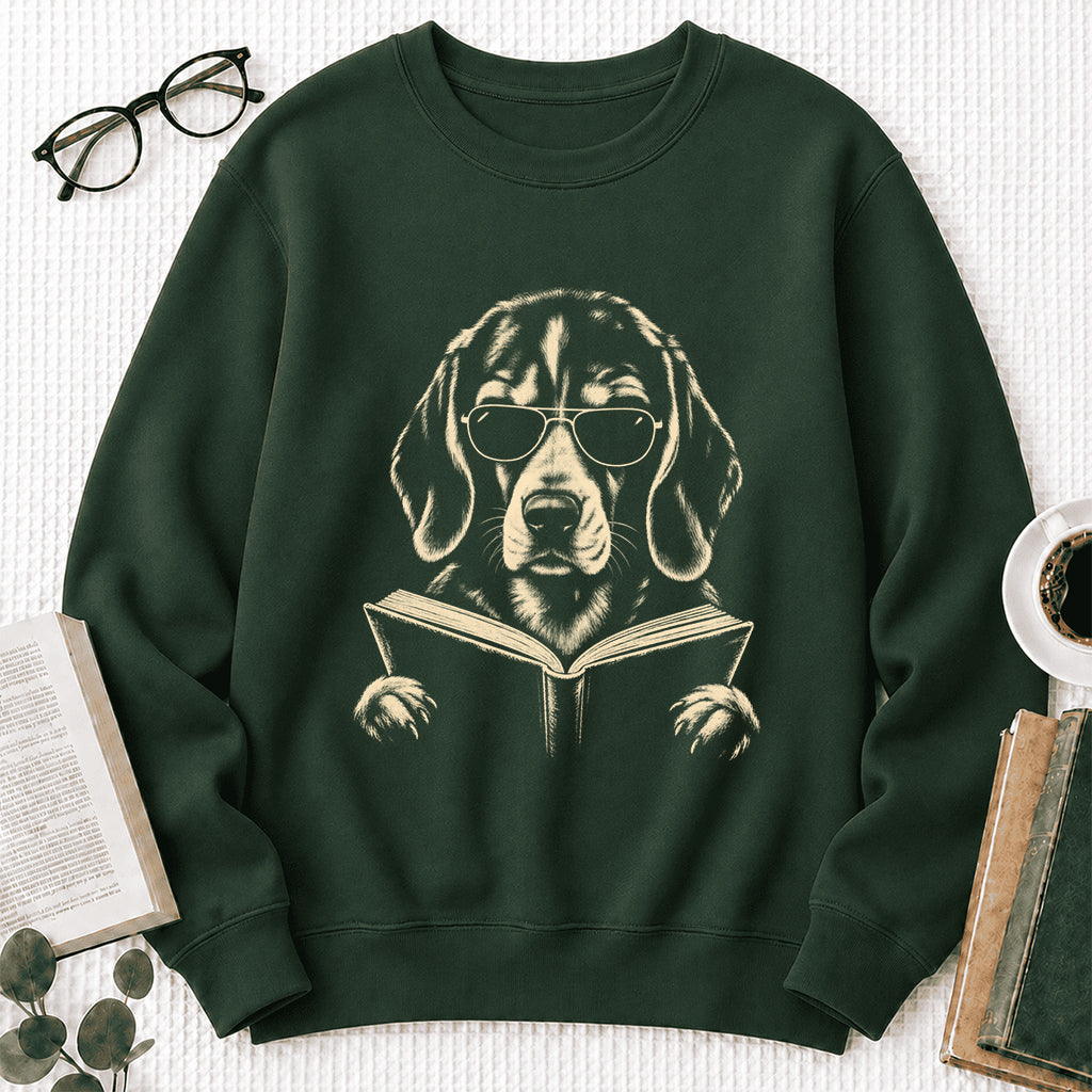 Beagle Reading Book Crewneck Sweatshirt | Reader Gift Forest Green