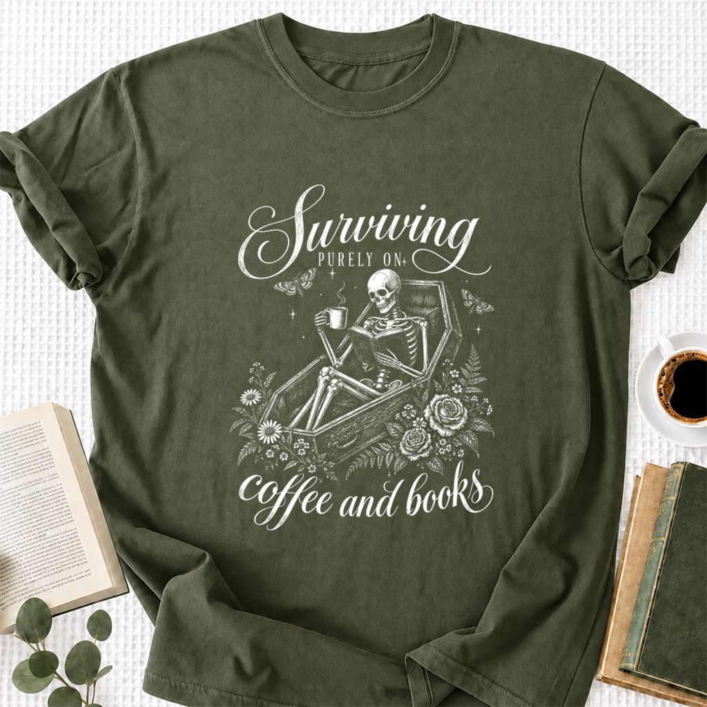 Surviving Purely On Coffee And Books Printed T-Shirt | Halloween Book Lover Gift Military Green