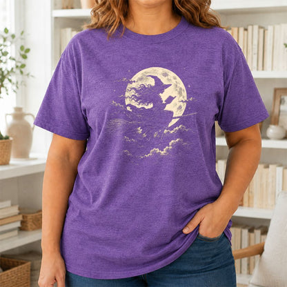 Reading Witch On The Flying Broom Printed T-Shirt | Halloween Book Lover Gift Heather Purple