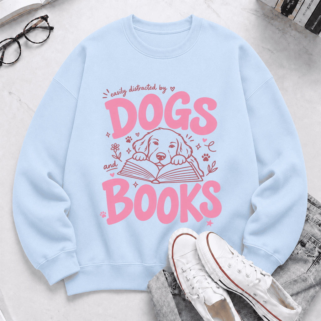 Easily Distracted By Dog And Books Crewneck Sweatshirt | Dog Lover & Reader Gift Light Blue