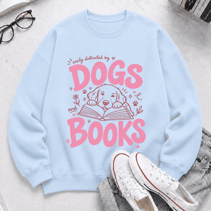 Easily Distracted By Dog And Books Crewneck Sweatshirt | Dog Lover & Reader Gift Light Blue