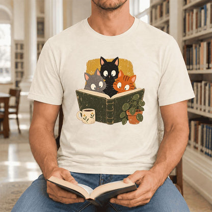 Curious Reading Cats Ultra-Soft Cotton T-Shirt | Cat Lover Reader Gift Natural