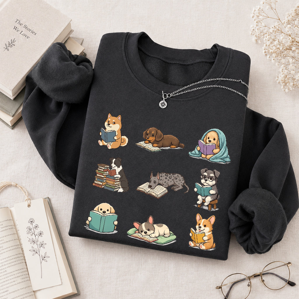 Funny Dogs Reading Crewneck Sweatshirt | Reader Gift Dark Heather