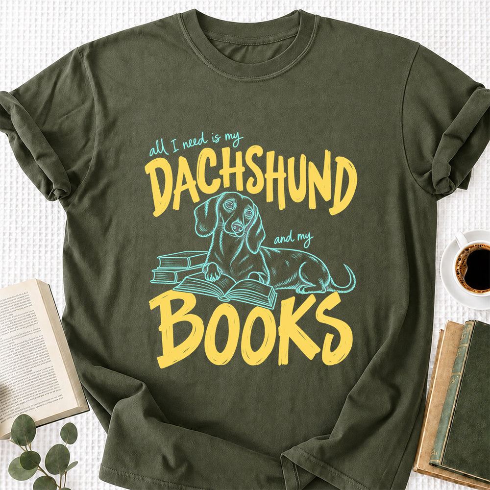 All I Need Is My Dachshund And My Books Softstyle T-Shirt | Book Lover Gift Military Green