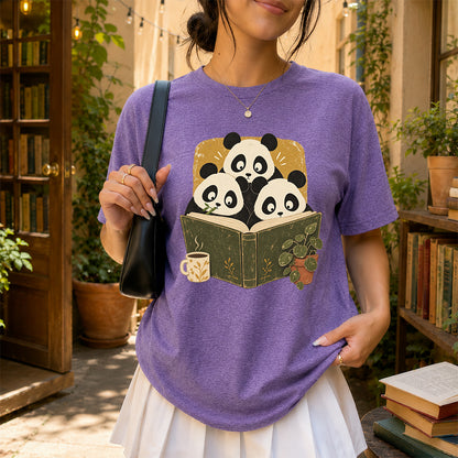 Minimal Japanese Pandas Reading Softstyle T-Shirt | Book Lover Gift Heather Purple