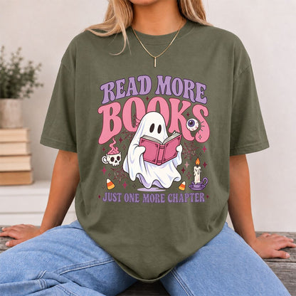 Read More Books Ghost Printed T-Shirt | Halloween Book Lover Gift Military Green