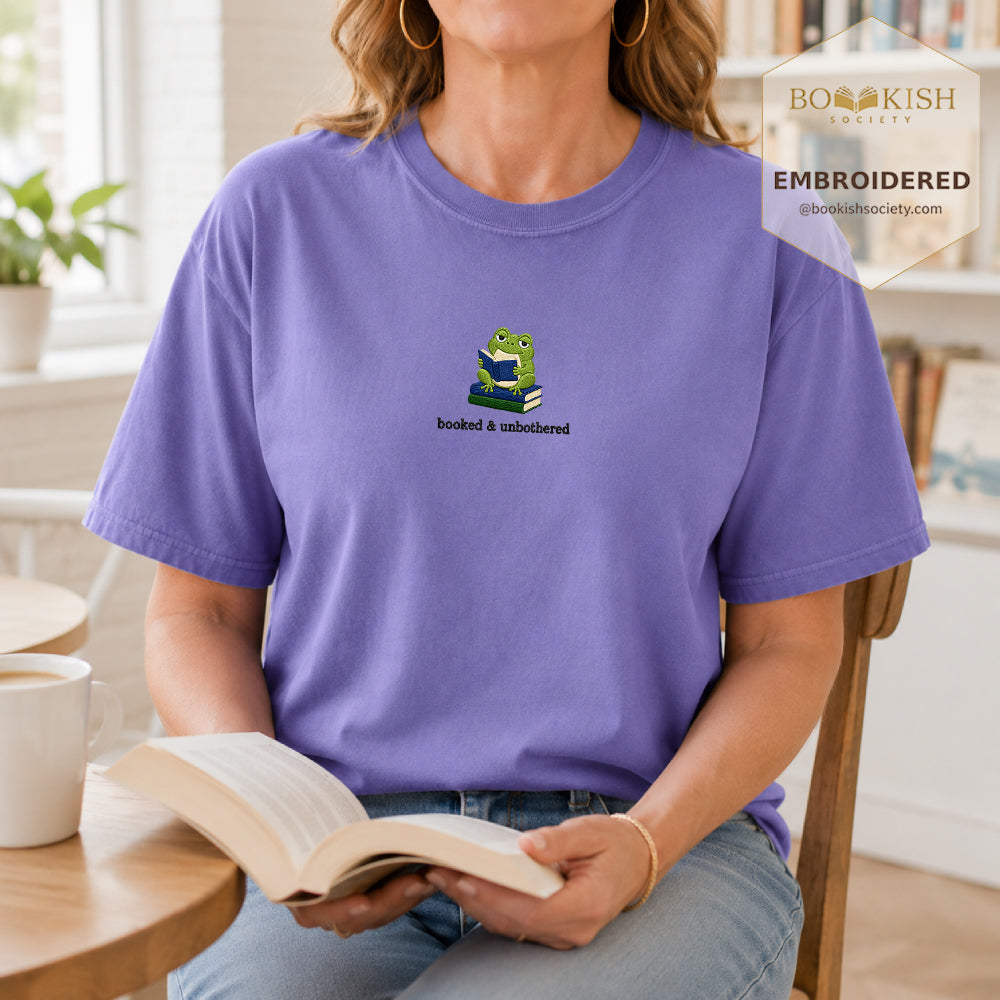 Booked and Unbothered Embroidered Comfort Color® T-shirt | Book Lover Gift Violet