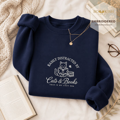 Easily Distracted By Cats And Books V2 Embroidered Sweatshirt | Reader Gift Navy