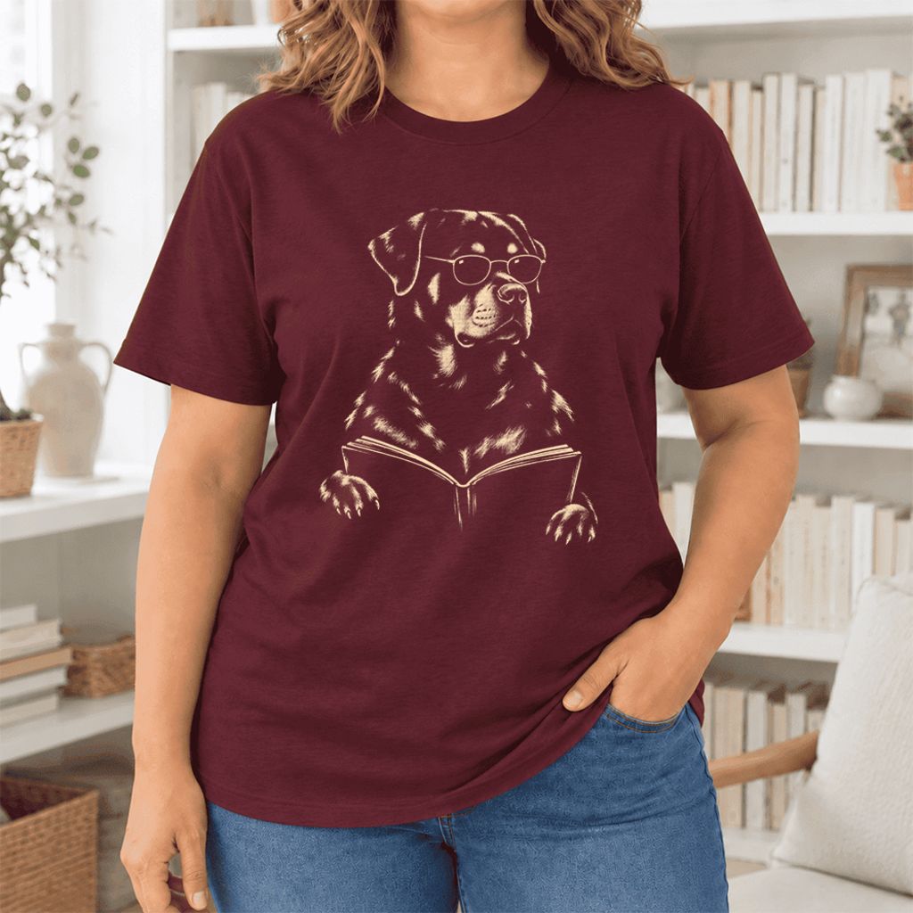 Rottweiler Reading Book Ultra-Soft Cotton T-Shirt | Dog Mom Reader Gift Maroon