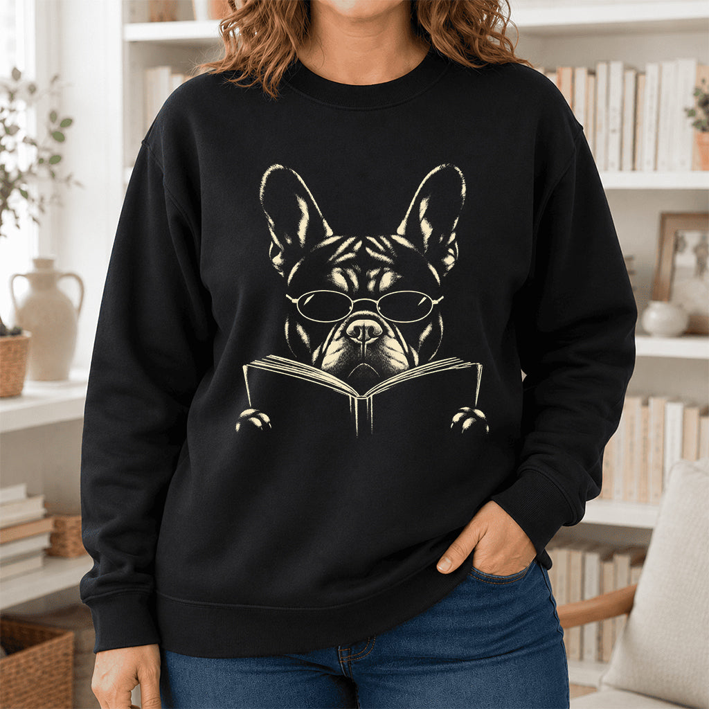 French Bulldog Reading Book Crewneck Sweatshirt | Reader Gift Black
