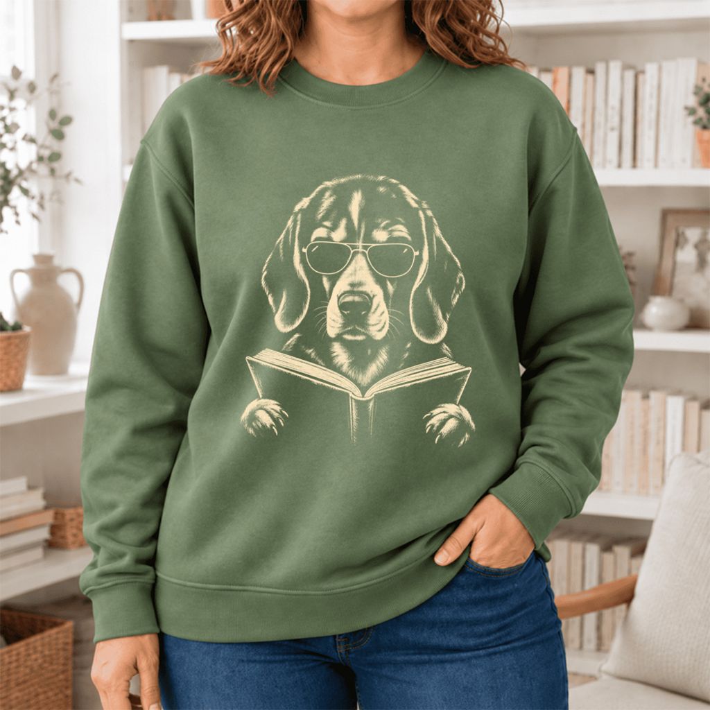 Beagle Reading Book Softstyle Sweatshirt | Dog Mom Reader Gift Military Green