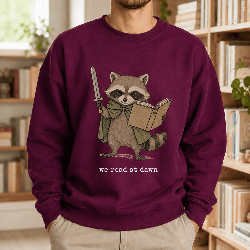 Raccoon We Read At Dawn Crewneck Sweatshirt | Reader Gift Maroon