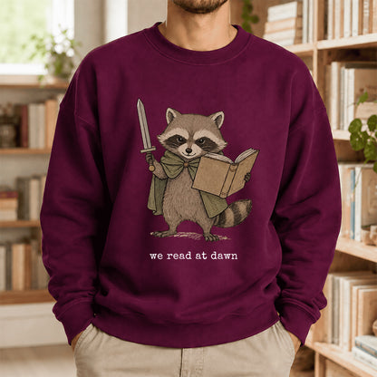 Raccoon We Read At Dawn Crewneck Sweatshirt | Reader Gift Maroon