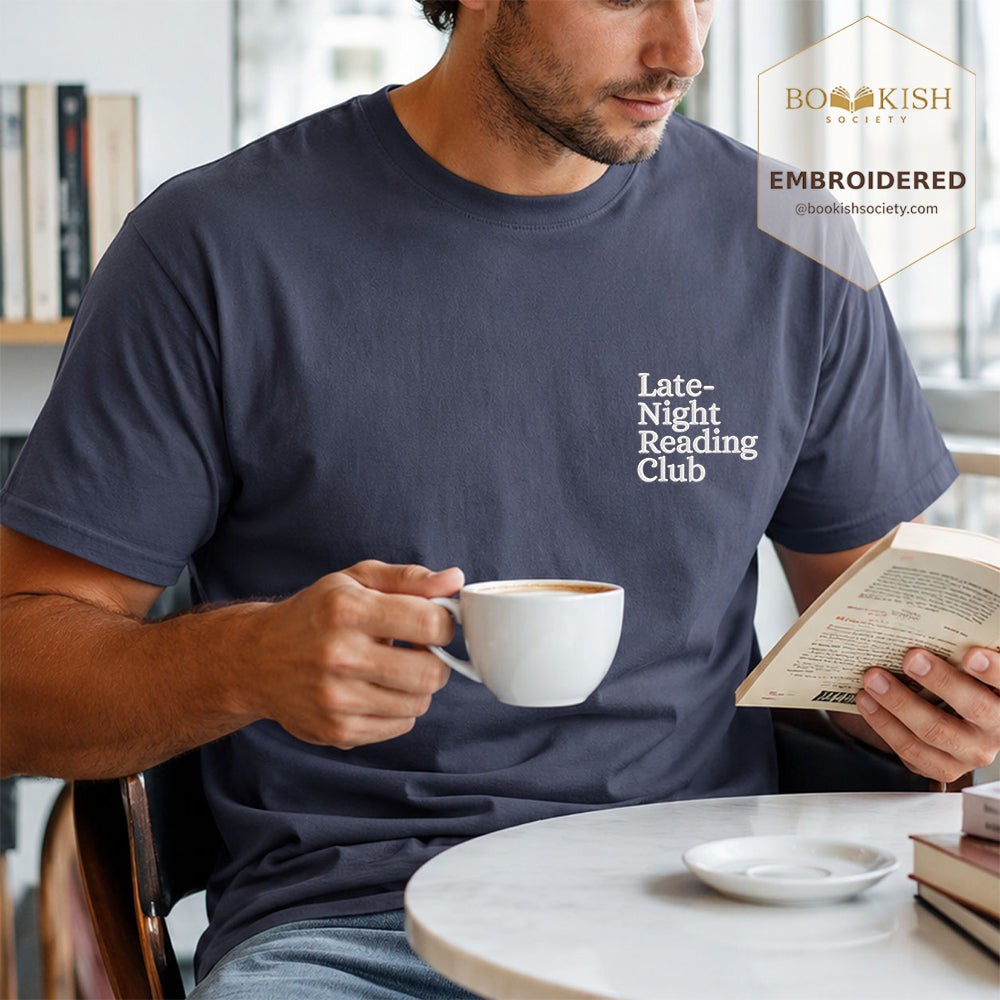 Late Night Reading Club Embroidered Comfort Color® T-shirt | Book Lover Gift Denim