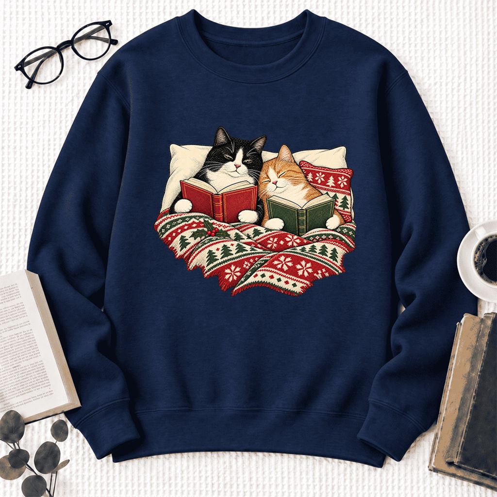 Christmas Reading Cat Couple Softstyle Sweatshirt | Cozy Christmas Gift Navy
