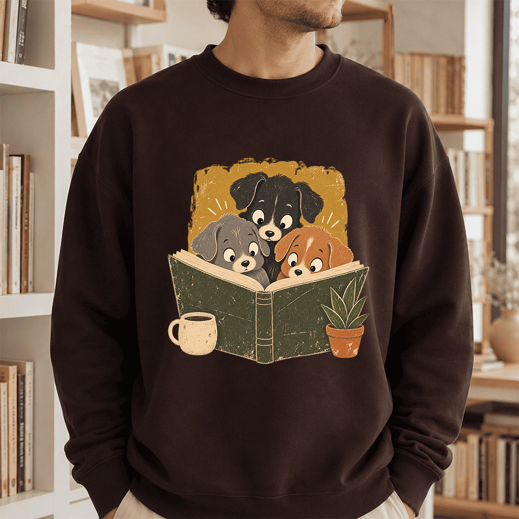 Minimal Japanese Dogs Reading Crewneck Sweatshirt | Reader Gift Dark Chocolate