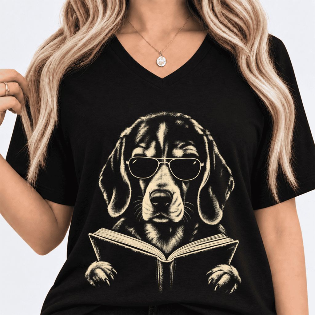 Beagle Reading Book Ultra-Soft V-Neck | Dog Mom Reader Gift Black