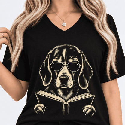 Beagle Reading Book Ultra-Soft V-Neck | Dog Mom Reader Gift Black