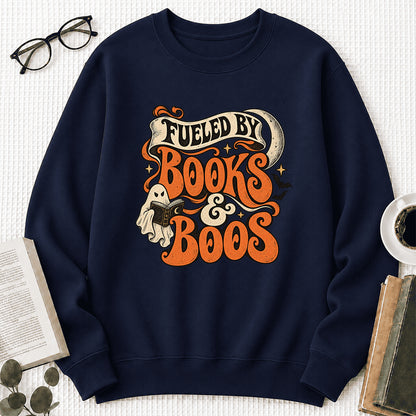Fueled By Books & Boos Printed Sweatshirt | Halloween Book Lover Gift Navy