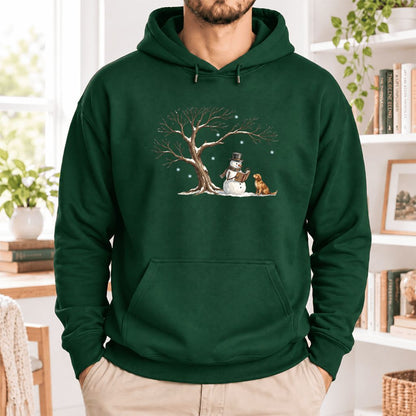 Golden Retriever And Snowman Under Tree Softstyle Hoodie | Christmas Reader Gift Forest Green