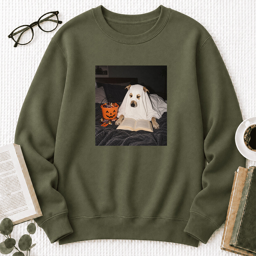 Cute Reading Ghost Dog Printed Sweatshirt | Halloween Book Lover Gift Military Green