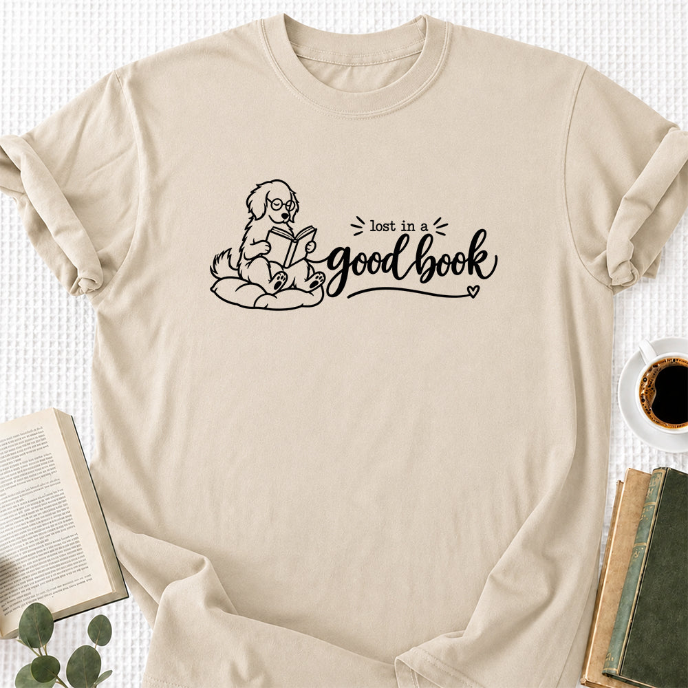 Lost In A Good Book Cotton T-Shirt | Dog & Book Lover Gift Sand