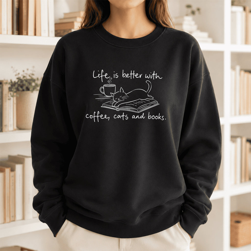 Funny Cats and Books Crewneck Sweatshirt | Reader Gift Black