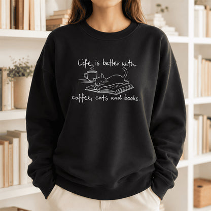 Funny Cats and Books Crewneck Sweatshirt | Reader Gift Black