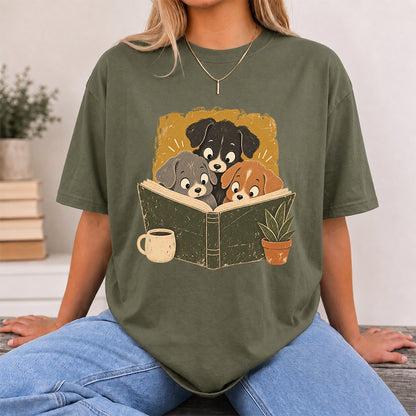 Minimal Japanese Dogs Reading Softstyle T-Shirt | Book Lover Gift Military Green