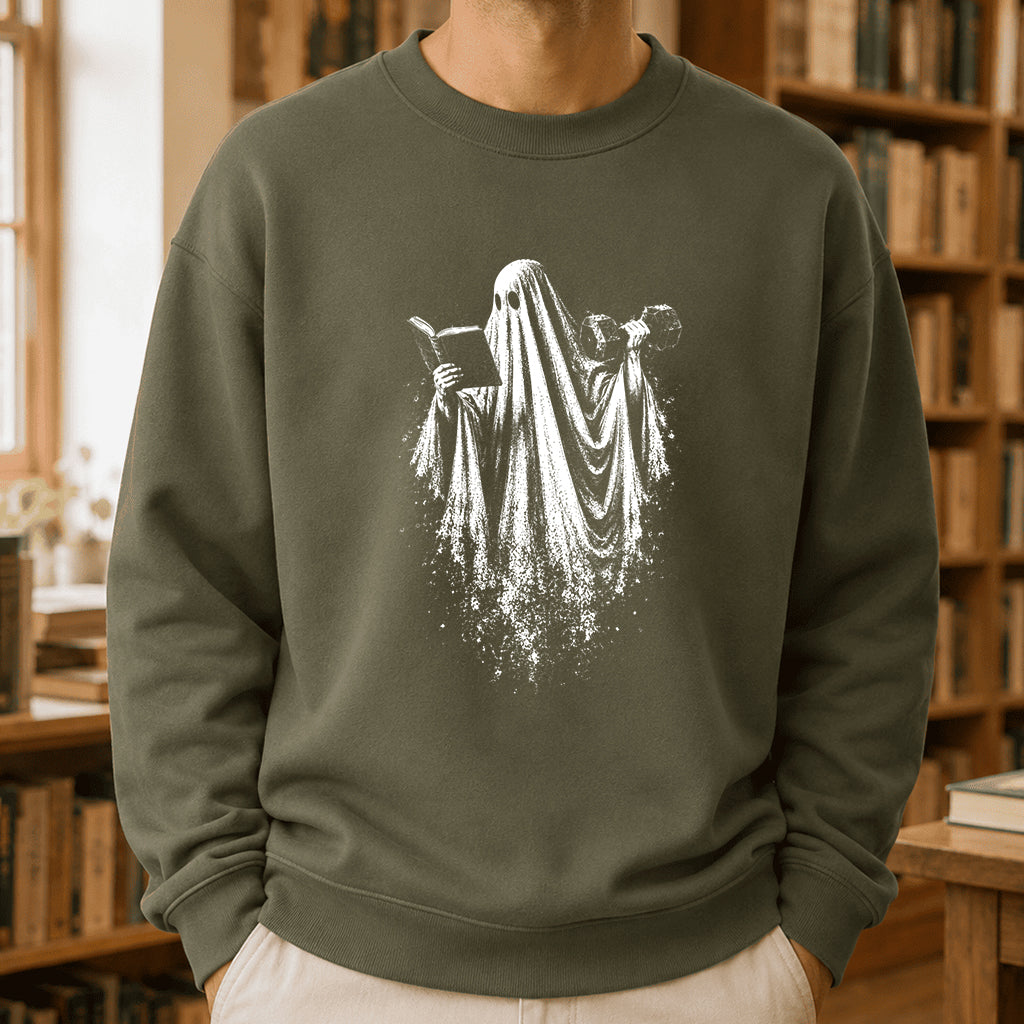 Reading Gym Ghost Printed Sweatshirt | Halloween Book Lover Gift Military Green