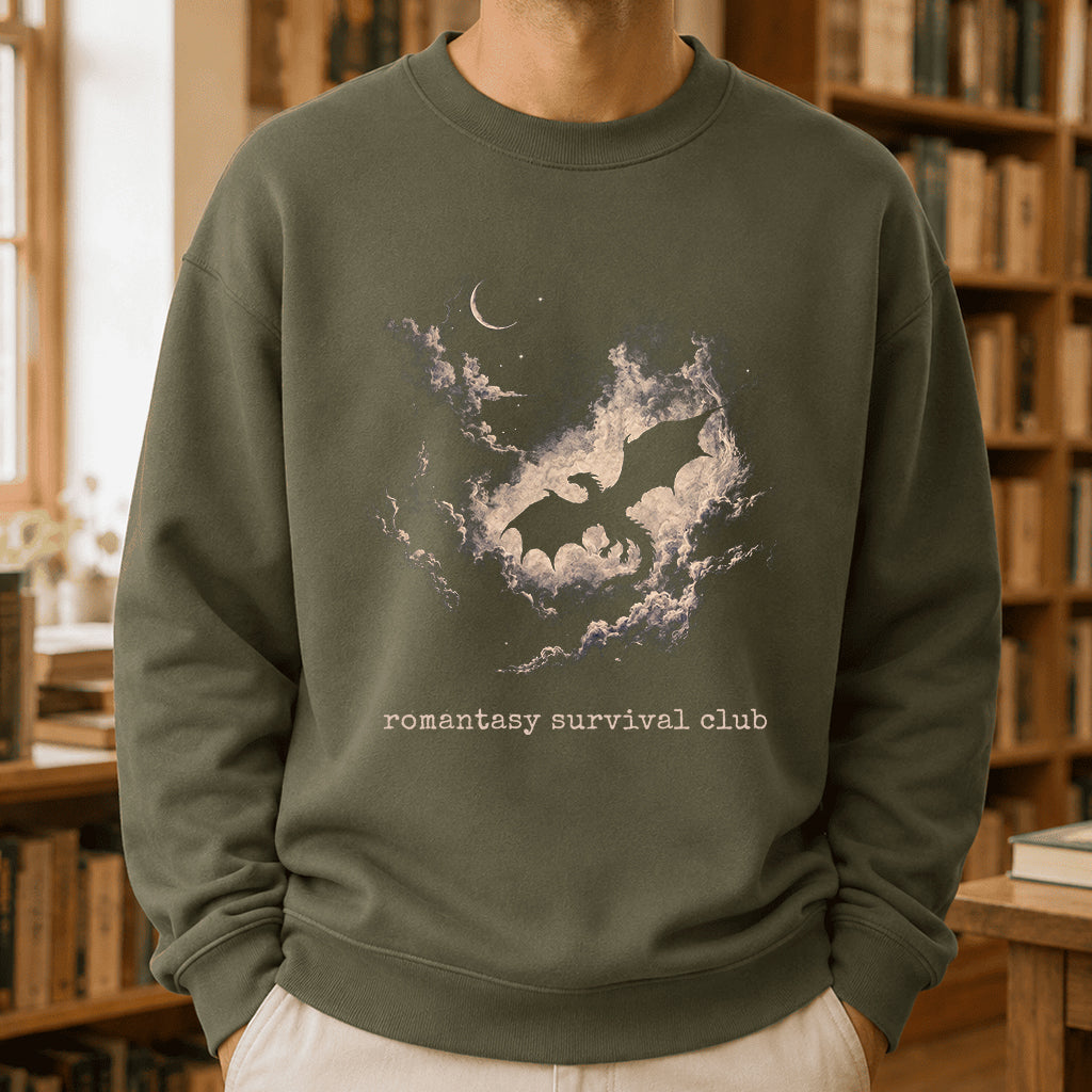 Dark Fantasy Dragon Clouds Crewneck Sweatshirt | Reader Gift Military Green